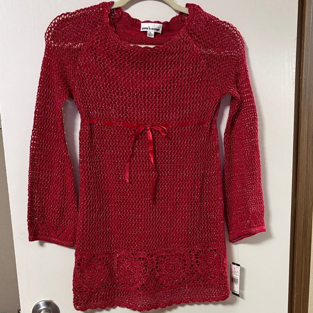 Girls Red Sparkly Knit Sweater Dress by Amy’s Closet Long Sleeve Size XL (10/12)